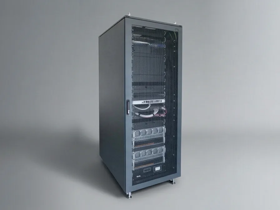 Armadio rack 19 pollici con porta forata, cablato con switch e server